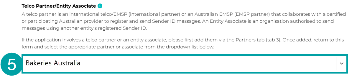 Screenshot of the Telco Partner/Entity Associate field numbered 5.