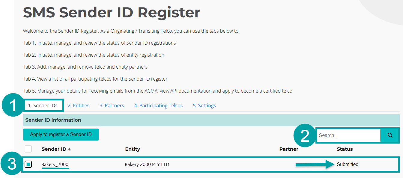 Screenshot of the SMS Sender ID Register screen with the Sender IDs tab numbered 1, the Search field numbered 2 and the field with Sender ID, Entity, Partner and Status field numbered 3 with an arrow pointed to the Status column.