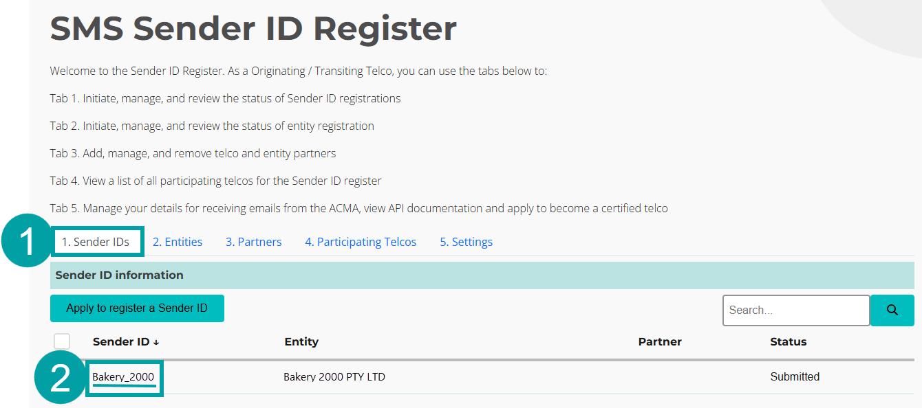Screenshot of the SMS Sender ID Register form with the Sender IDs tab numbered 1, and the Sender ID in the Sender ID column numbered 2