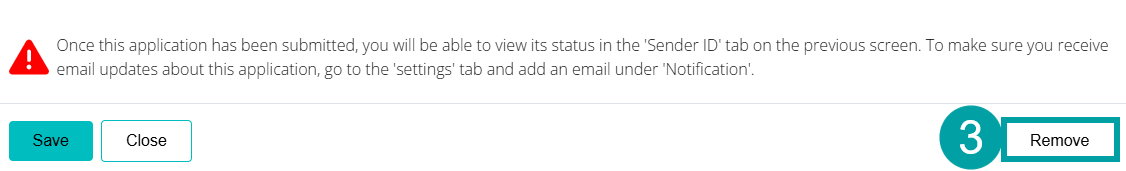 Screenshot of the bottom of the sender ID detail screen with the Remove button numbered 3.