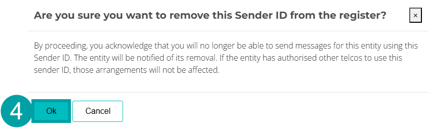 Screenshot of the Are you sure you want to remove this Sender ID from the register screen with the OK button numbered 4.