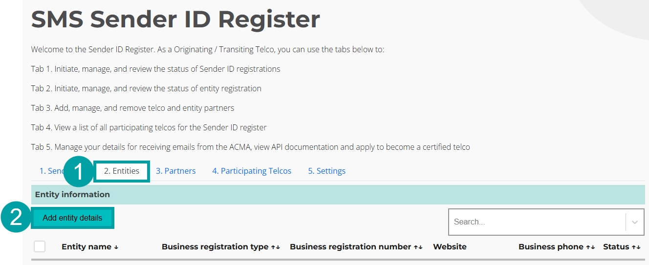 Screenshot of the SMS Sender ID Register screen with the Entities tab numbered 1 and the Add entity details button numbered 2.
