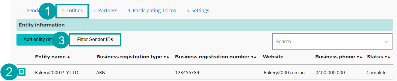 Screenshot of the SMS Sender ID Register screen with the Entities tab numbered 1, the check box in the Entity name column numbered 2 and the Filter Sender IDs field numbered 3.