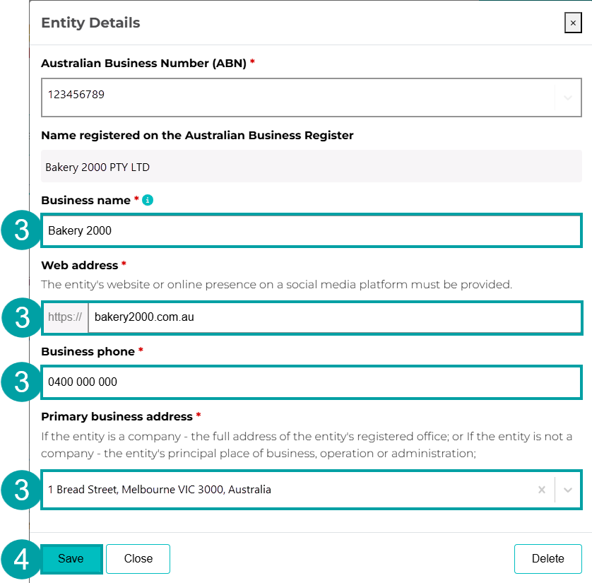 Screenshot of the Entity Details screen with the Business name field, web address field, Business phone field and the Primary business address field all numbered 3. The Save button is numbered 4.