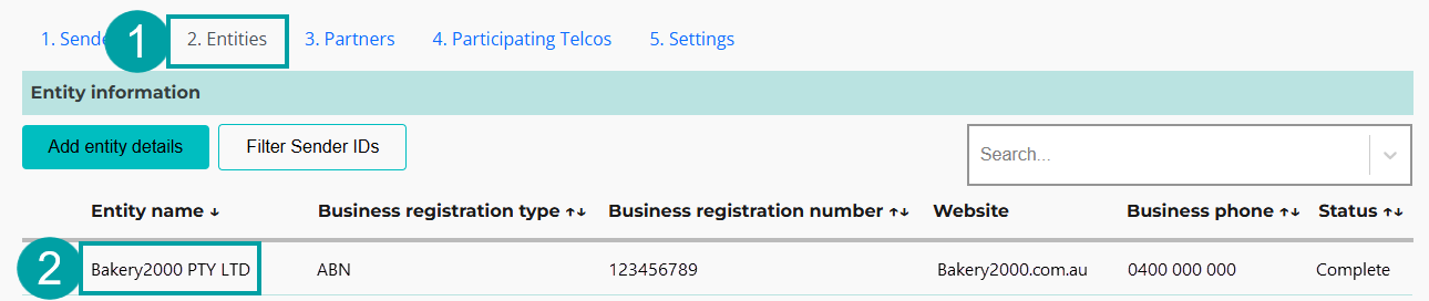 Screenshot of the SMS Sender ID Register screen with the Entities tab numbered 2 and the Entity name column numbered 2.