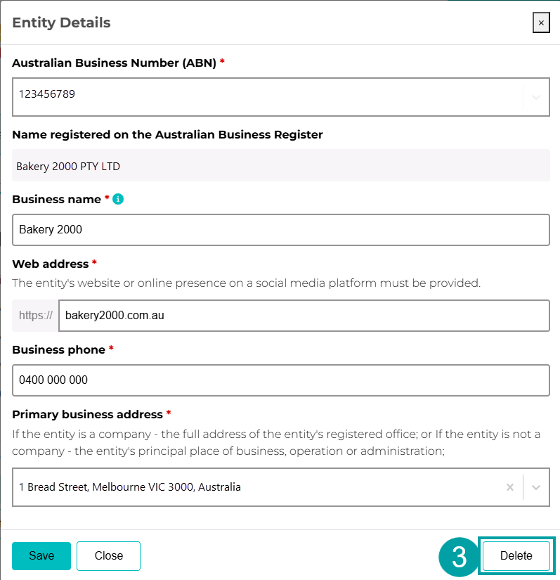 Screenshot of the SMS Sender ID Register screen with the Entities tab numbered 2 and the Entity name column numbered 2.