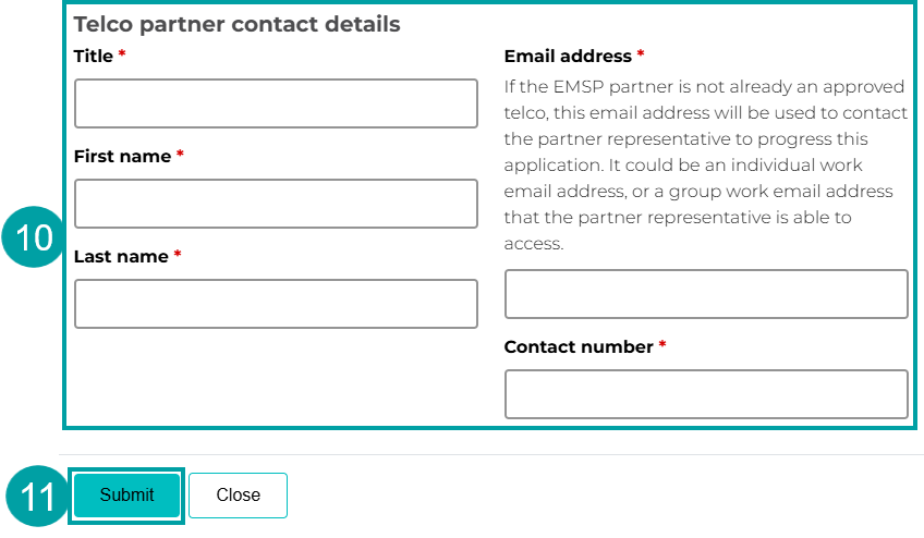 Screenshot of the Telco partner contact details screen with the Title, Email address, First name, Last name and Contact number fields all numbered 10. The Submit button is numbered 11.