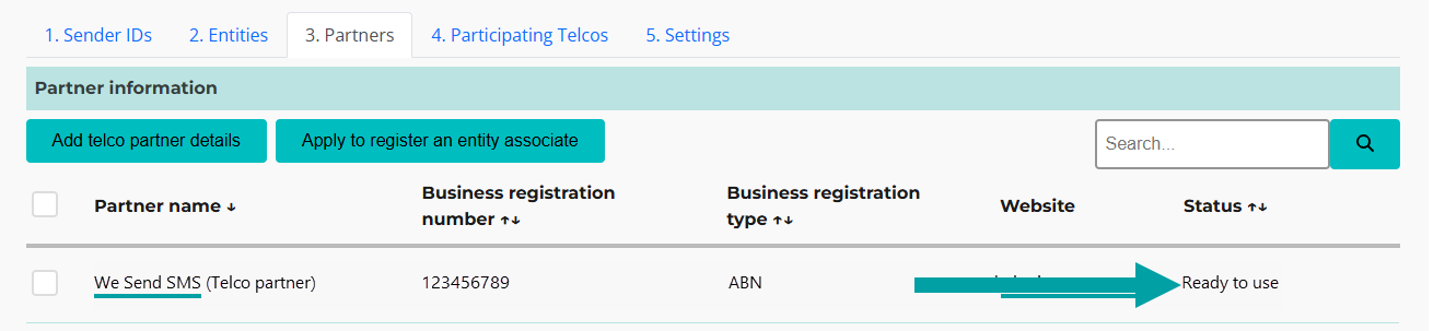 Screenshot of the Partners tab screen with a green arrow pointing to the Status field.