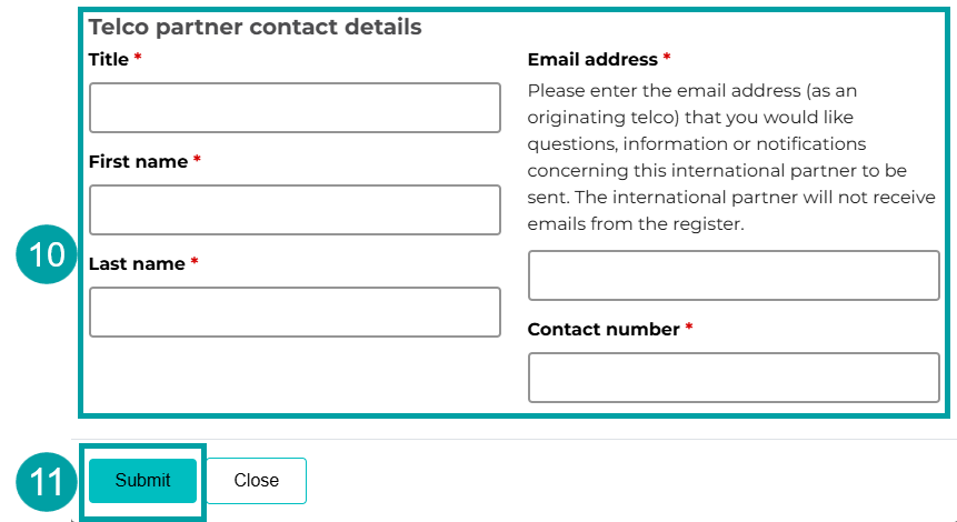 Screenshot of the Telco partner contact details screen with the Title field, the Email address field, the First name field, the Last name field and the Contact number field all numbered 10. The Submit button is numbered 11.