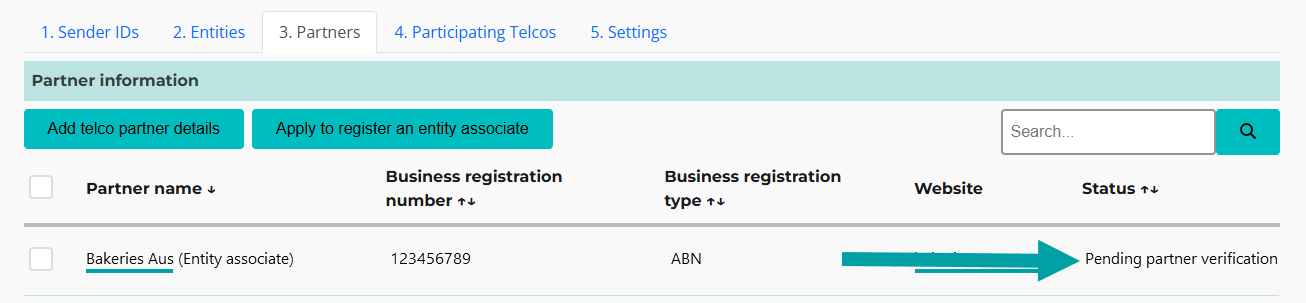 Screenshot of the SMS Sender ID Register screen with an arrow pointing to the Status column.