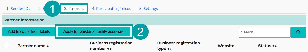 Screenshot of the SMS Sender ID Register screen with the Partners tab numbered 1 and the Apply to register an entity associate button numbered 2.
