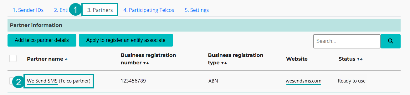Screenshot of the SMS Sender ID Register screen with the Partners tab numbered 1, and the Partner name column numbered 2.