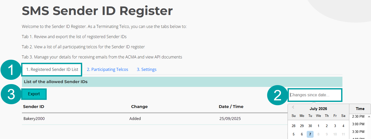 Screenshot of the SMS Sender ID Register screen with the Registered Sender ID List tab numbered 1, the Calendar field numbered 2, and the Export button numbered 3.