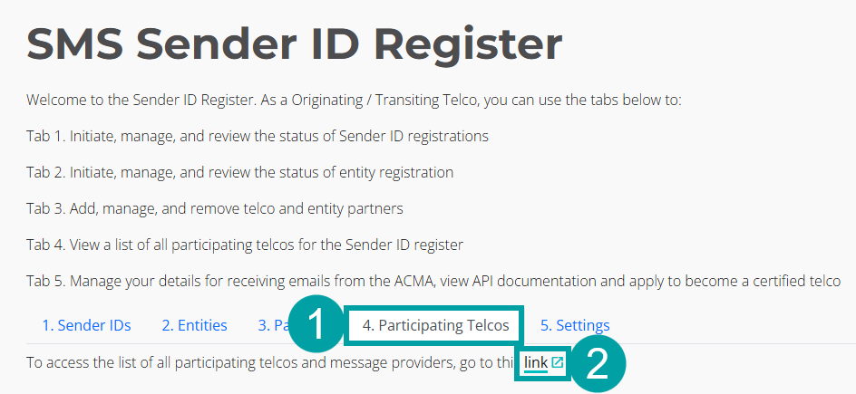 Screenshot of the SMS Sender ID Register screen with the Participating Telcos tab numbered 1, and the link numbered 2.