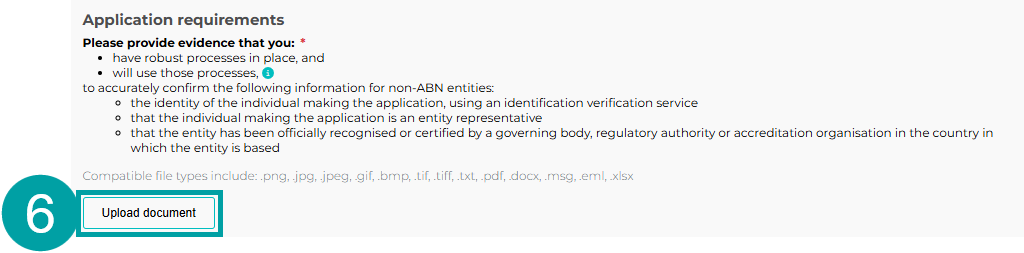 A screenshot of the Application requirements section of the cation form. The upload document button is numbered 6.