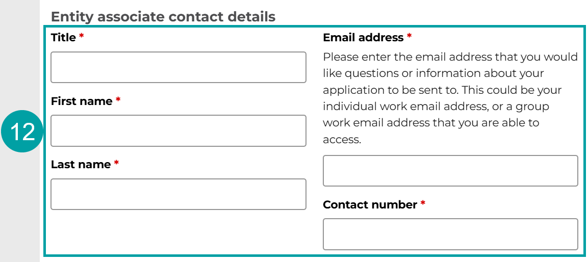 A screenshot of the Entity associate contact details form. The Title field, the Email address field, the First name field, the Last name field and the Contact number field are all numbered 12.