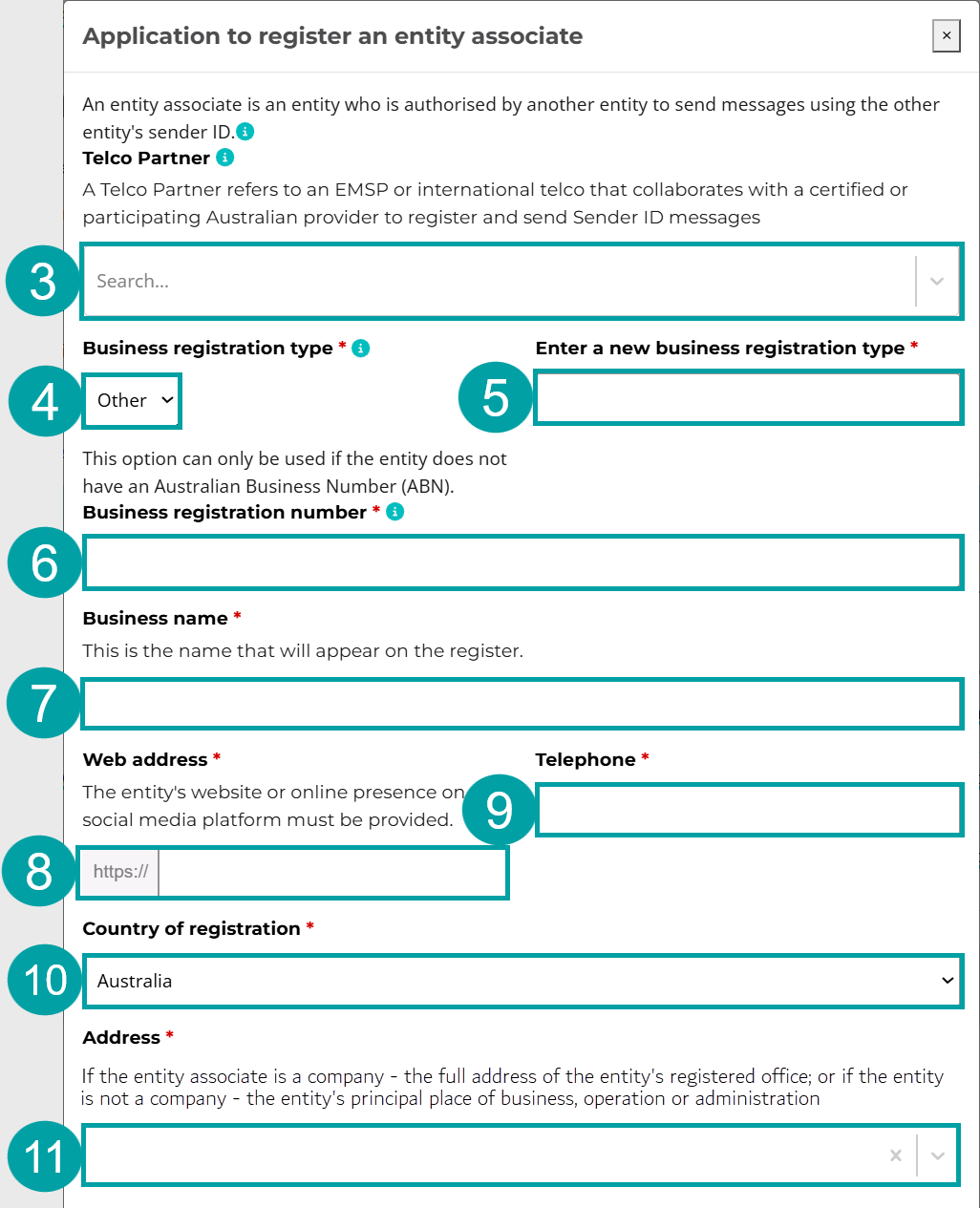 A screenshot of Application to register an entity associate form. The Telco partner field is numbered 3, the Business registration type field is numbered 4, the Enter a new business registration type field is numbered 5, the Business registration number field is numbered 6, the Business name field is numbered 7, the Web address field is numbered 8, the Telephone field is numbered 9, the Country of registration field is numbered 10 and the Address field is numbered 11.