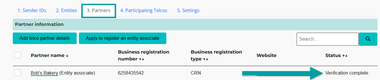 A screenshot of the Partners tab with an arrow pointing to the words Verification complete in the Status column.