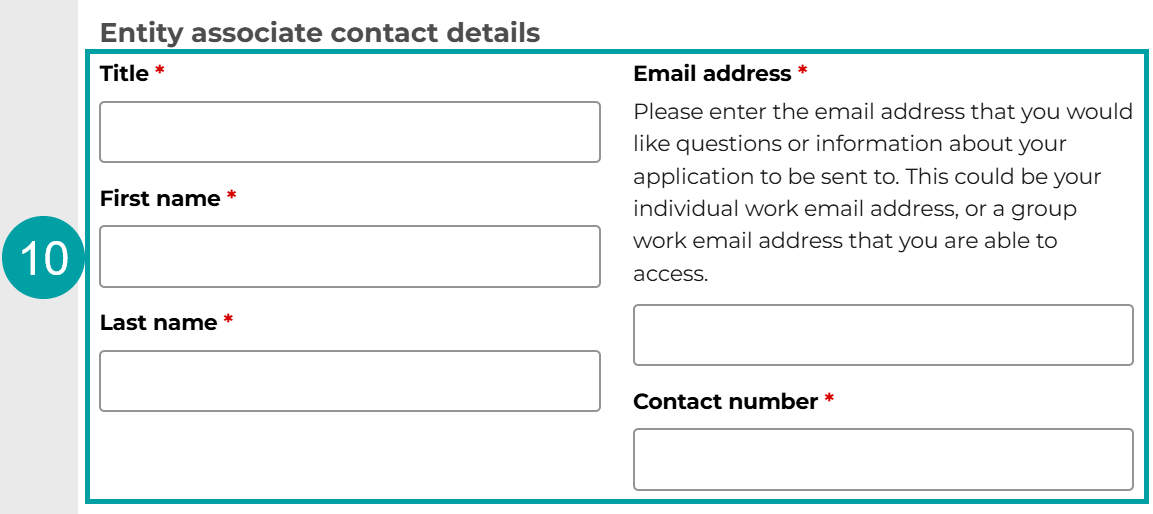 A screenshot of the Entity associate contact details form. The Title field, the email address field, the First name field, the Last name field and the Contact number field are all numbered 10.