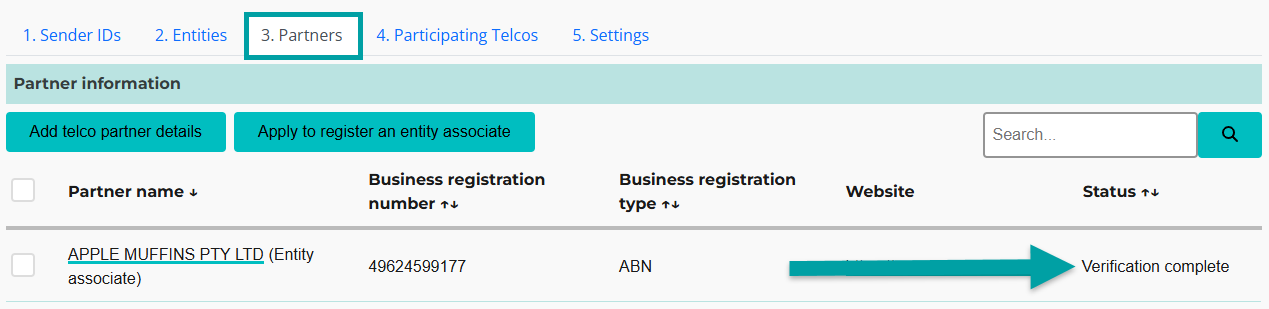 A screenshot of the Partners tab with an arrow pointing to the words Verification complete in the Status column.