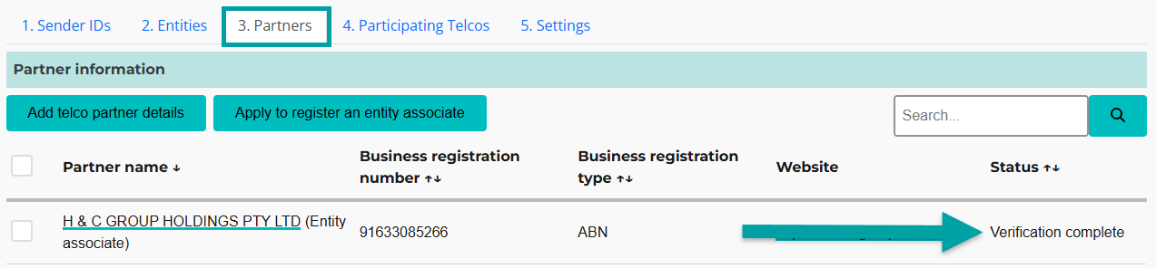 A screenshot of the Partners tab with an arrow pointing to the words Verification complete in the Status column.