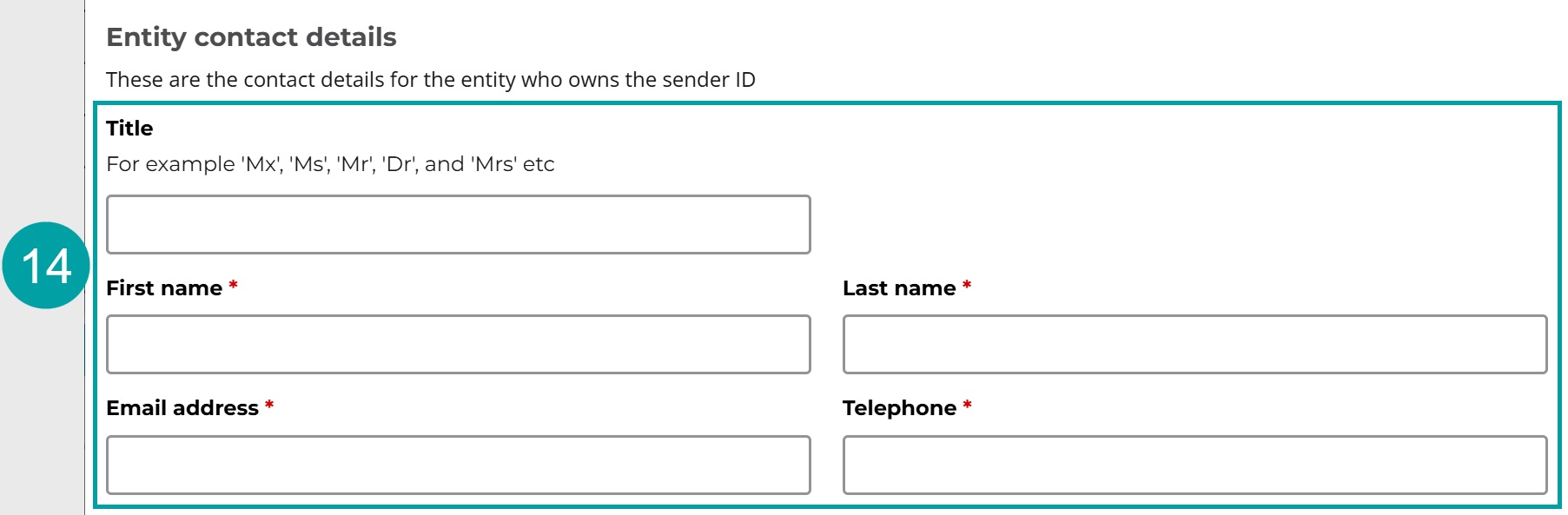 A screenshot of the Entity contact details form with the Title field, First name field, Last name field, Email address field and the Telephone field all numbered 14.