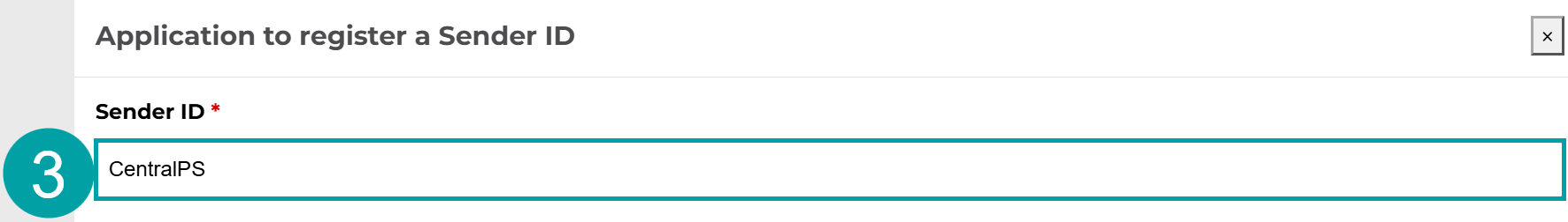 A screenshot of the Application to register a Sender ID form with the Sender ID field numbered 3.