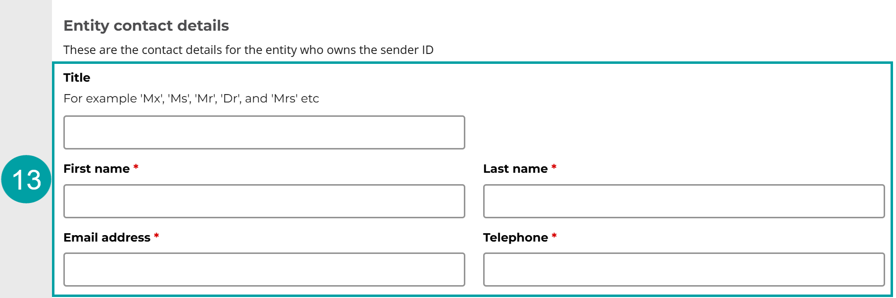 A screenshot of the Entity contact details form. The Title field, the First name field, the Last name field, the Email address field and the Telephone field are all numbered 13.