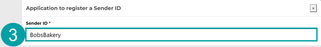 A screenshot of the Application to register a Sender ID form with the Sender ID field numbered 3.