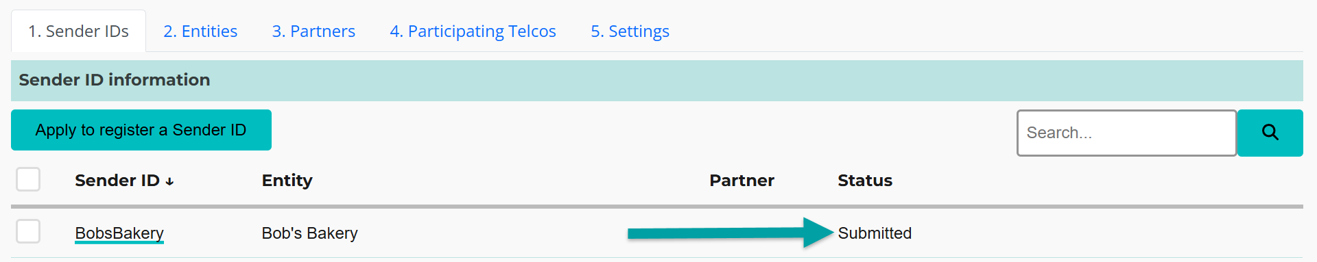 A screenshot of the Sender IDs tab with an arrow pointing to the word Submitted in the Status column.