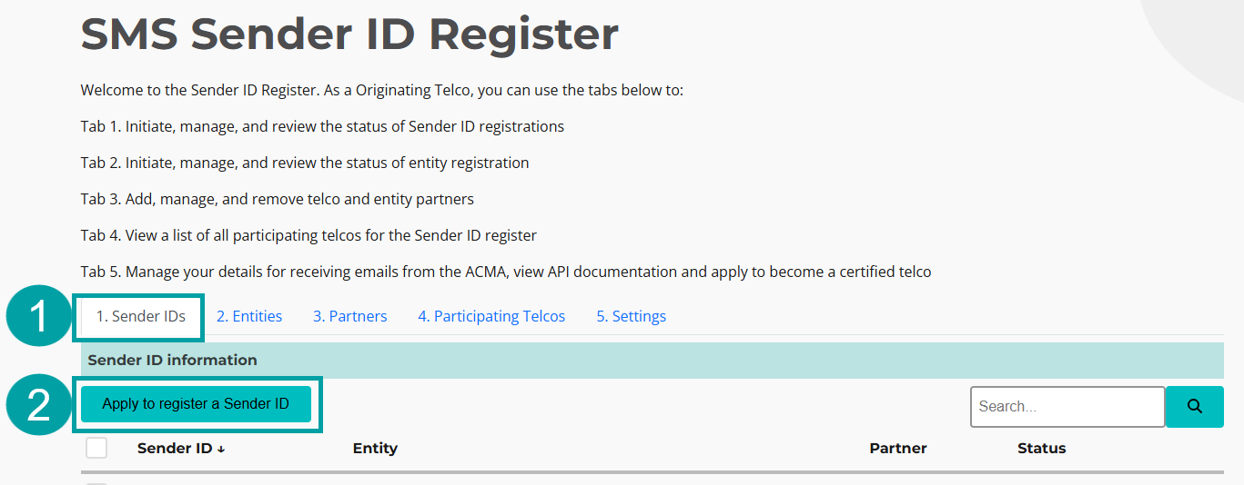 A screenshot of the SMS Sender ID Register screen. The Sender IDs tab is numbered 1 and the Apply to register a Sender ID button is numbered 2.