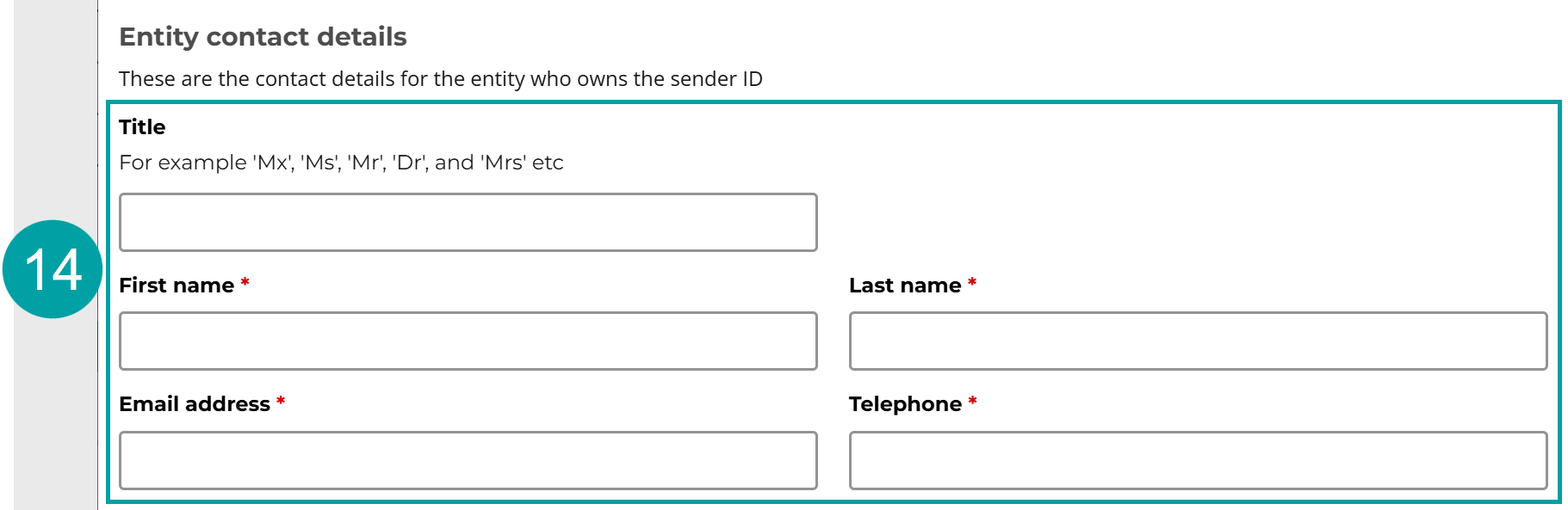 A screenshot of the Entity contact details form. The Title field, the First name field, the Last name field, the Email address field and the Telephone field are all numbered 14.