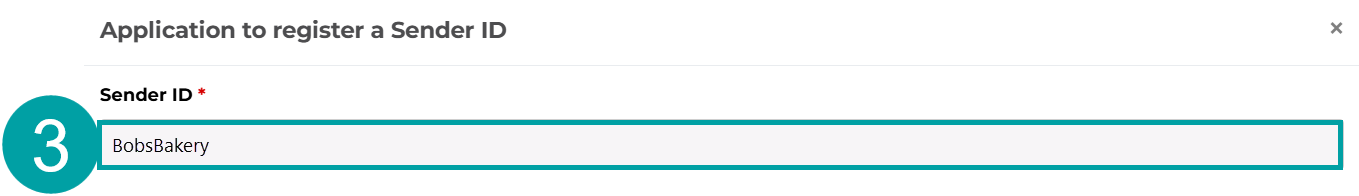 A screenshot of the Application to register a sender ID form with the sender ID field numbered 3.