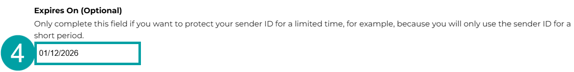 A screenshot of the Expires on (Optional) field numbered 4.