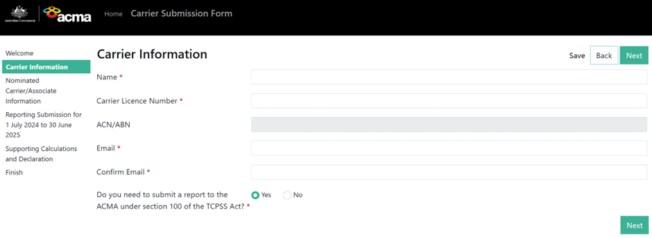Screenshot showing how to complete carrier information field. 