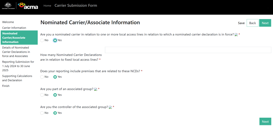 Screenshot showing how to complete nominated carrier / associate information fields. 