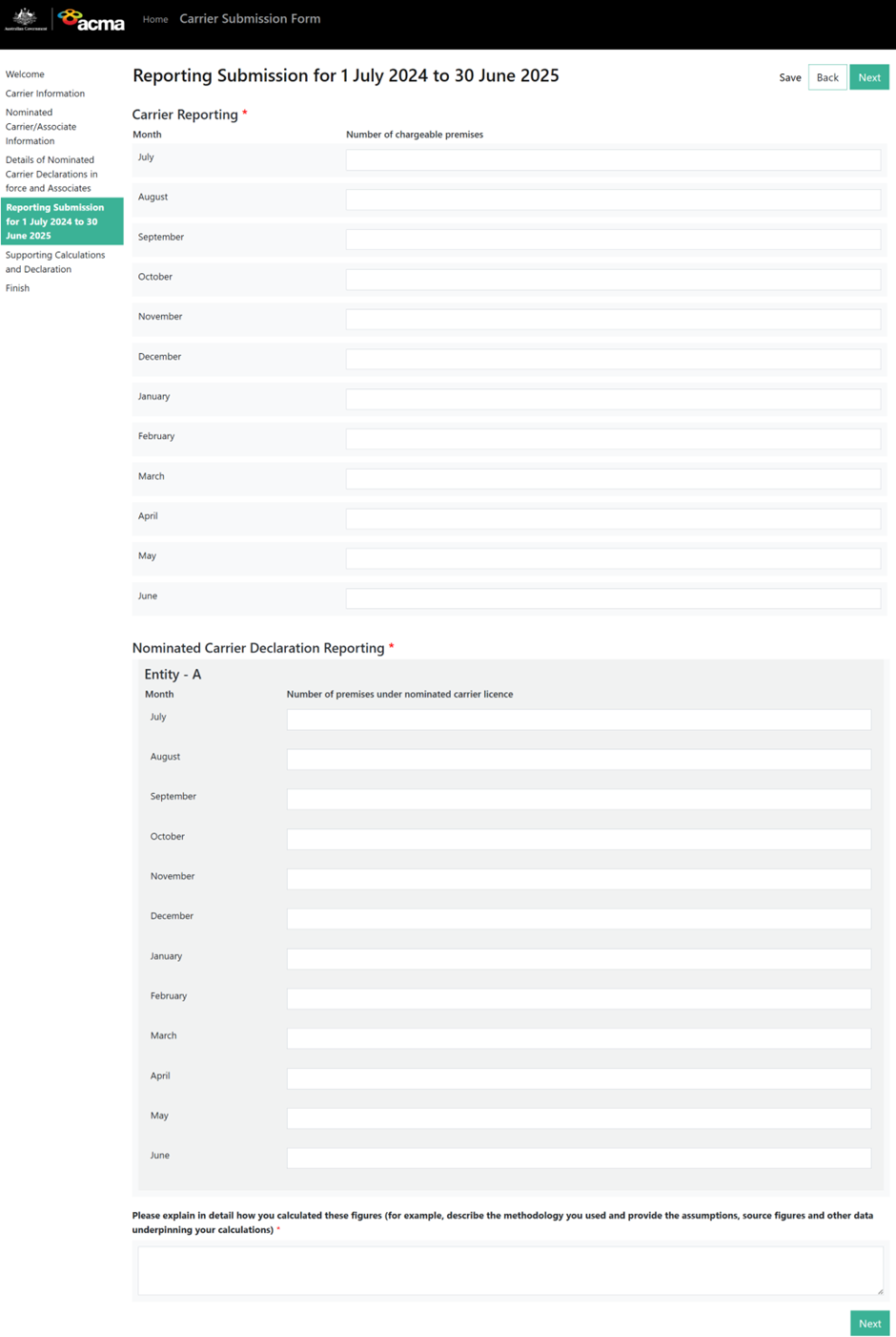 Screenshot showing how to complete carrier reporting information fields. 