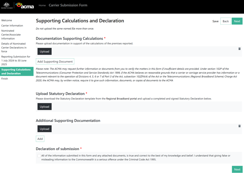 Screenshot showing how to complete the supporting calculations and declaration. 