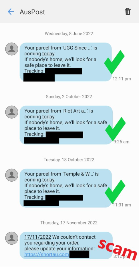 Displays legitimate sms's from AusPost with a scam message amongst them