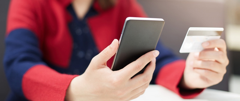 Decorative image - Person looking at mobile phone and credit card