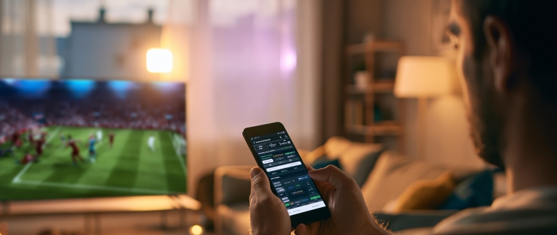 Decorative image - Man doing interactive gambling on phone whilst watching sport on TV