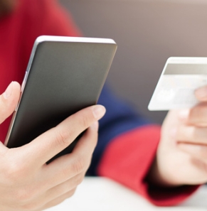 Decorative image - Person looking at mobile phone and credit card