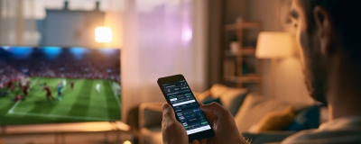 Decorative image - Man doing interactive gambling on phone whilst watching sport on TV
